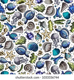Cartoon cute hand drawn sea life seamless pattern. Colorful detailed, with lots of objects background. Endless funny vector illustration. Bright colors underwater backdrop.