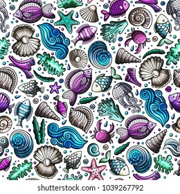 Cartoon cute hand drawn sea life seamless pattern. Colorful detailed, with lots of objects background. Endless funny vector illustration. Bright colors underwater backdrop.