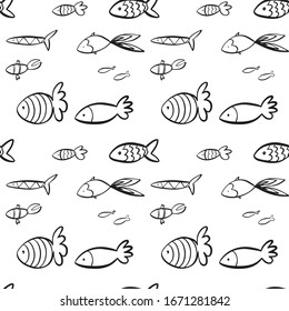 Cartoon cute hand drawn sea life seamless pattern. Line art sketchy detailed, with lots of objects background. Endless funny vector illustration. Use in textile, wrapping paper, design, clothing.