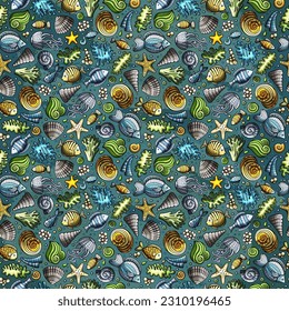 Cartoon cute hand drawn sea life seamless pattern. Colorful detailed, with lots of objects background. Endless funny vector illustration. Bright colors underwater backdrop.