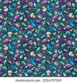 Cartoon cute hand drawn sea life seamless pattern. Colorful detailed, with lots of objects background. Endless funny vector illustration. Bright colors underwater backdrop.