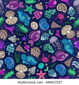 Cartoon cute hand drawn sea life seamless pattern. Colorful detailed, with lots of objects background. Endless funny vector illustration. Bright colors underwater backdrop.