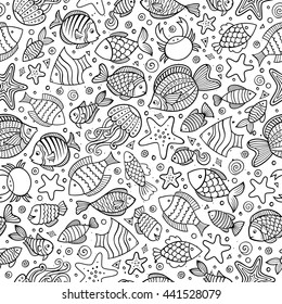 Cartoon cute hand drawn sea life seamless pattern. Line art sketchy detailed, with lots of objects background. Endless funny vector illustration.