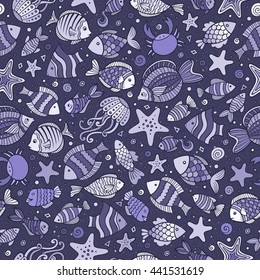 Cartoon cute hand drawn sea life seamless pattern. Monochrome detailed, with lots of objects background. Endless funny vector illustration.
