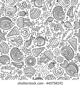 Cartoon cute hand drawn sea life seamless pattern. Line art sketchy detailed, with lots of objects background. Endless funny vector illustration.
