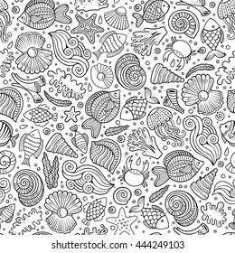 Cartoon cute hand drawn sea life seamless pattern. Line art sketchy detailed, with lots of objects background. Endless funny vector illustration.