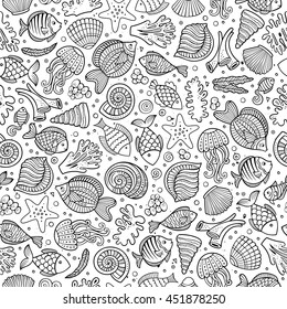 Cartoon cute hand drawn sea life seamless pattern. Line art sketchy detailed, with lots of objects background. Endless funny vector illustration.