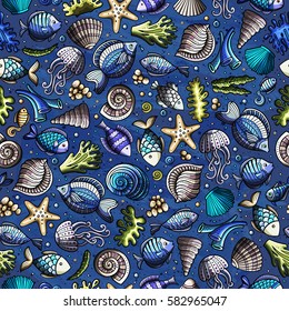 Cartoon cute hand drawn sea life seamless pattern. Colorful detailed, with lots of objects background. Endless funny vector illustration. Bright colors underwater backdrop.