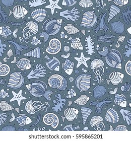 Cartoon cute hand drawn sea life seamless pattern. Monochrome detailed, with lots of objects background. Endless funny vector illustration.