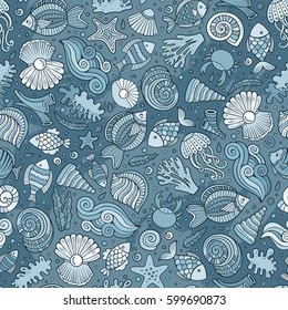 Cartoon cute hand drawn sea life seamless pattern. Monochrome detailed, with lots of objects background. Endless funny vector illustration.