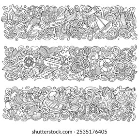 Cartoon cute hand drawn sketchy vector doodles Marine set of horizontal banners design