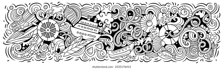 Cartoon cute hand drawn sketchy vector doodle Marine horizontal banner design