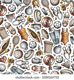Cartoon cute hand drawn Sport seamless pattern. Colorful detailed, with lots of objects background. Endless funny vector illustration