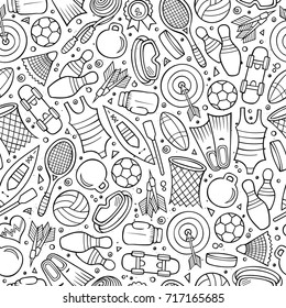 Cartoon cute hand drawn Sport seamless pattern. Line art detailed, with lots of objects background. Endless funny vector illustration