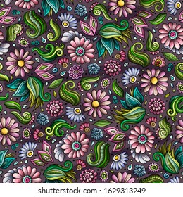Cartoon cute hand drawn Spring seamless pattern. Colorful detailed, with lots of objects background. Endless funny vector illustration.