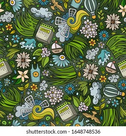 Cartoon cute hand drawn Spring seamless pattern. Colorful detailed, with lots of objects background. Endless funny vector illustration.