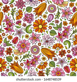 Cartoon cute hand drawn Spring seamless pattern. Colorful detailed, with lots of objects background. Endless funny vector illustration.