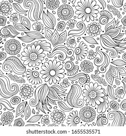 Cartoon cute hand drawn Spring seamless pattern. Line art detailed, with lots of objects background. Endless funny vector illustration.