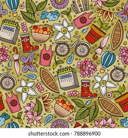 Cartoon cute hand drawn Spring season seamless pattern. Colorful detailed, with lots of objects background. Endless funny vector illustration. Bright colors backdrop
