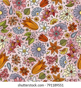 Cartoon cute hand drawn Spring season seamless pattern. Colorful detailed, with lots of objects background. Endless funny vector illustration. Bright colors backdrop