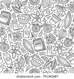 Cartoon cute hand drawn Spring season seamless pattern. Line art detailed, with lots of objects background. Endless funny vector illustration. Contour backdrop