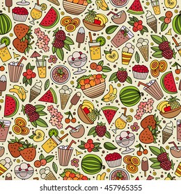 Cartoon cute hand drawn summertime seamless pattern. Colorful detailed, with lots of objects background. Endless funny vector illustration. Bright colors backdrop with summer food items.