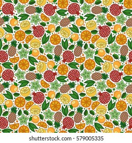 Cartoon cute hand drawn summertime seamless pattern. Colorful detailed.  Endless funny vector illustration. Bright colors backdrop with summer fruits