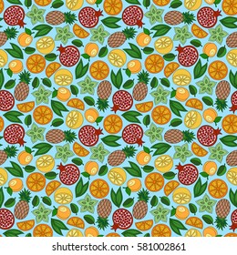 Cartoon cute hand drawn summertime seamless pattern. Colorful detailed.  Endless funny vector illustration. Bright colors backdrop with summer fruits