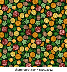 Cartoon cute hand drawn summertime seamless pattern. Colorful detailed.  Endless funny vector illustration. Bright colors backdrop with summer fruits