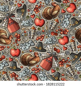 Cartoon cute hand drawn Thanksgiving seamless pattern. Colorful detailed, with lots of objects background. Endless funny vector illustration. Bright colors backdrop with autumn items.