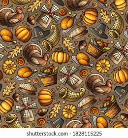 Cartoon cute hand drawn Thanksgiving seamless pattern. Colorful detailed, with lots of objects background. Endless funny vector illustration. Bright colors backdrop with autumn items.