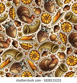 Cartoon cute hand drawn Thanksgiving seamless pattern. Colorful detailed, with lots of objects background. Endless funny vector illustration. Bright colors backdrop with autumn items.