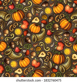 Cartoon cute hand drawn Thanksgiving seamless pattern. Colorful detailed, with lots of objects background. Endless funny vector illustration. Bright colors backdrop with autumn items.