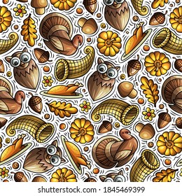 Cartoon cute hand drawn Thanksgiving seamless pattern. Colorful detailed, with lots of objects background. Endless funny vector illustration. Bright colors backdrop with autumn items.