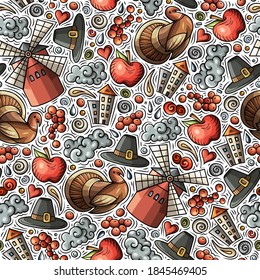 Cartoon cute hand drawn Thanksgiving seamless pattern. Colorful detailed, with lots of objects background. Endless funny vector illustration. Bright colors backdrop with autumn items.