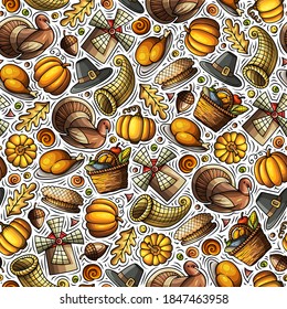 Cartoon cute hand drawn Thanksgiving seamless pattern. Colorful detailed, with lots of objects background. Endless funny vector illustration. Bright colors backdrop with autumn items.