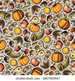 Cartoon cute hand drawn Thanksgiving seamless pattern. Colorful detailed, with lots of objects background. Endless funny vector illustration. Bright colors backdrop with autumn items.