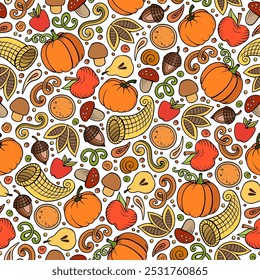 Cartoon cute hand drawn Thanksgiving seamless pattern. Colorful detailed, with lots of objects background. Endless funny vector illustration. Bright colors backdrop with autumn items.