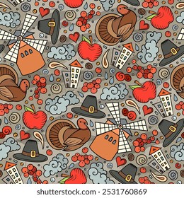 Cartoon cute hand drawn Thanksgiving seamless pattern. Colorful detailed, with lots of objects background. Endless funny vector illustration. Bright colors backdrop with autumn items.