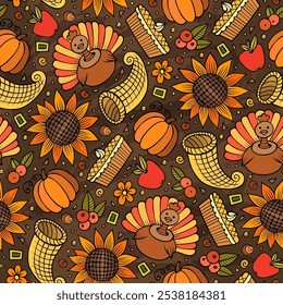 Cartoon cute hand drawn Thanksgiving seamless pattern. Colorful detailed, with lots of objects background. Endless funny vector illustration. Bright colors backdrop with autumn items.