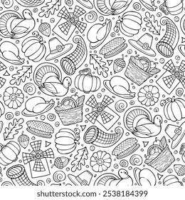 Cartoon cute hand drawn Thanksgiving seamless pattern. Line art background. Endless funny vector illustration.