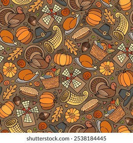 Cartoon cute hand drawn Thanksgiving seamless pattern. Colorful detailed, with lots of objects background. Endless funny vector illustration. Bright colors backdrop with autumn items.