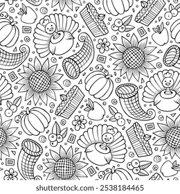 Cartoon cute hand drawn Thanksgiving seamless pattern. Line art background. Endless funny vector illustration.