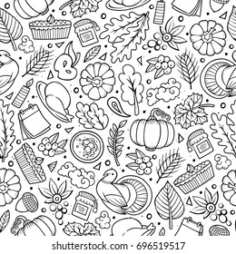 Cartoon cute hand drawn Thanksgiving seamless pattern. Line art detailed, with lots of objects background. Endless funny vector illustration. Contour backdrop with autumn items.