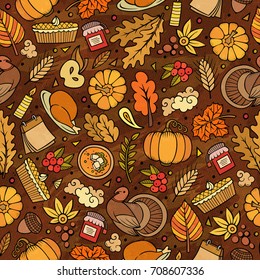 Cartoon cute hand drawn Thanksgiving seamless pattern. Colorful detailed, with lots of objects background. Endless funny vector illustration. Bright colors backdrop with autumn items.