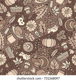 Cartoon cute hand drawn Thanksgiving seamless pattern. Toned detailed, with lots of objects background. Endless funny vector illustration. Bright colors backdrop with autumn items.