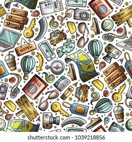 Cartoon cute hand drawn Traveling seamless pattern. Colorful detailed, with lots of objects background. Endless funny vector illustration. Bright colors travel planning backdrop.