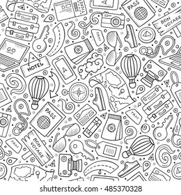 Cartoon Cute Hand Drawn Traveling Seamless Pattern. Line Art Detailed, With Lots Of Objects Background. Endless Funny Vector Illustration. Sketchy Travel Planning Backdrop.