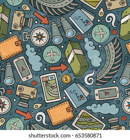 Cartoon cute hand drawn Traveling seamless pattern. Colorful detailed, with lots of objects background. Endless funny vector illustration. Bright colors travel planning backdrop.