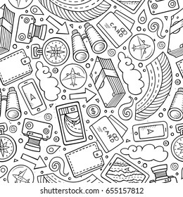 Cartoon cute hand drawn Traveling seamless pattern. Line art detailed, with lots of objects background. Endless funny vector illustration. Sketchy travel planning backdrop.